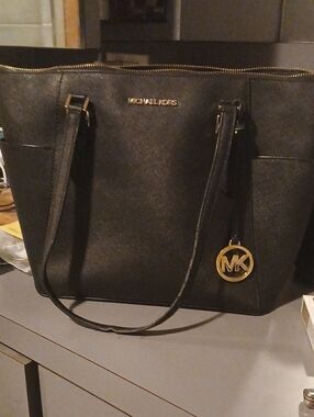 Michael Kors Black Saffiano Tote with Gold MK Charm
